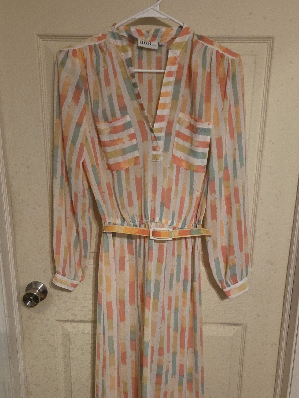 Vintage Multicolor Pastel Stripe Long Sleeve Belted Maxi Dress
